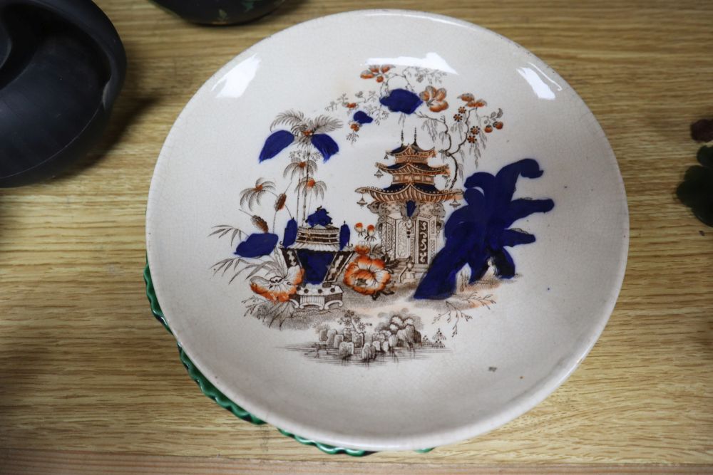 A group of 19th century Wedgwood etc. basalt wares, copper lustre and other British pottery